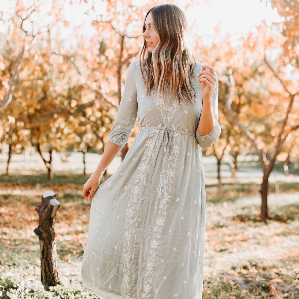 NWT Avery Embroidery Maxi Dress in Sage